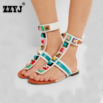 2017 New Big size 34-43 Genuine Leather Womens Sandals Fashion Ankle Tape Candy Colors Flip Flops Summer large Flat heel Sandals