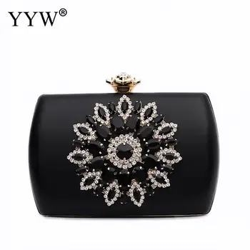 

YYW 2019 Flower Rhinestones Women Handbags Red Black Purple Gold Chain Shoulder Bags Metal Day Clutches Purse Wedding Wallets