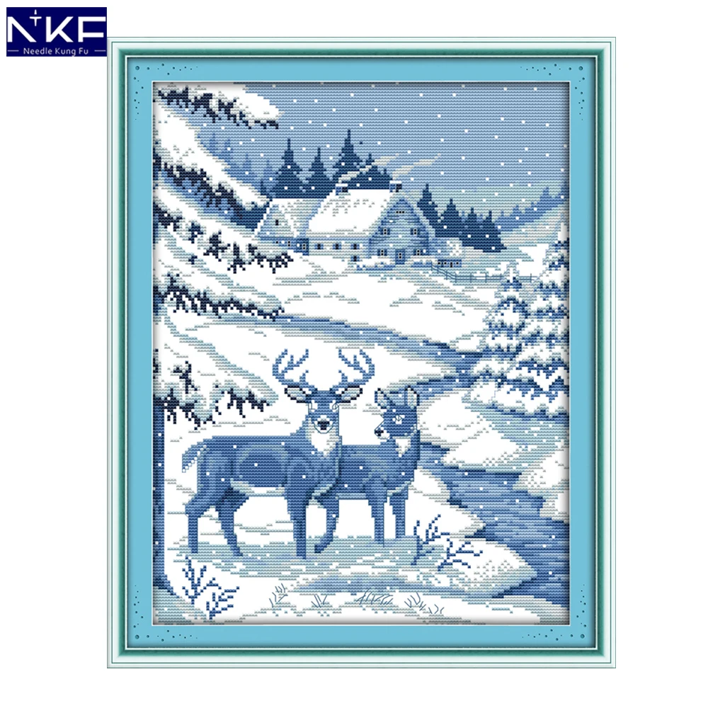 

NKF Two Snow Deer Animal Pattern Handmade Craft Needlework Cross Stitch Embroidery Kit Cross Stitch for Home Decor