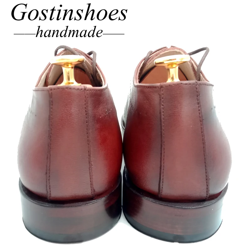 Goodyear Welted Handmade Men Dress Shoes Brown Genuine Leather Men Formal Shoes Oxfords Pointed Toe Lace-up Men Shoes GSTN013