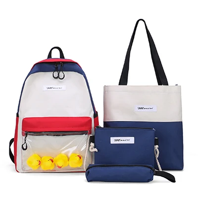 Рюкзак для девочек с панелями, 4 шт., школьный рюкзак для подростков, студенческий холщовый рюкзак, женская сумка на плечо+ пенал с уткой, mochila - Цвет: blue beige
