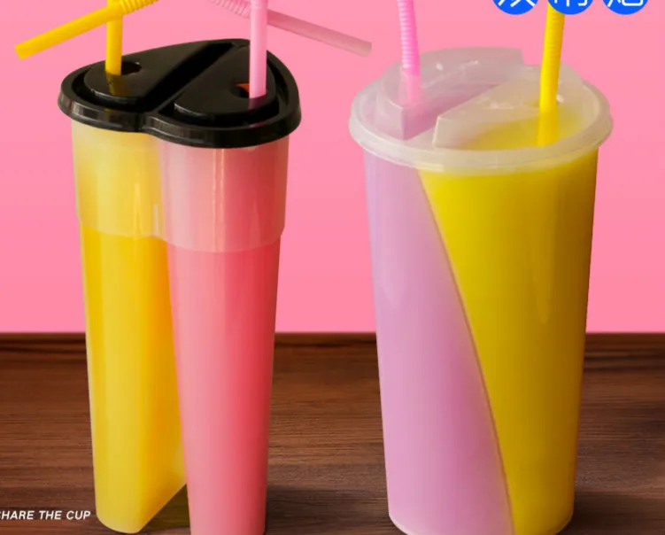 Share Cup Milk Tea Cup Disposable Plastic Cup Double Grid Juice Cold Drink Cup Safe Convenient Thickened Hard Sharing Cup