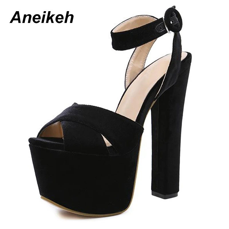 

Aneikeh 2018 Summer Sandals Shoes Ankle Strap Heels Peep Toe 17CM Ultra High platform Sandals Party Pumps Black Size 34 - 40