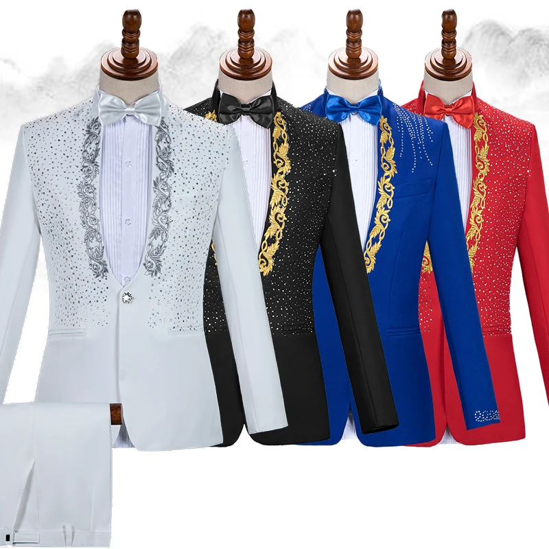 Red Sparkly Crystals Embroidery Blazers Suit Wedding Groom White Suits Stage Chorus Men Dresses Singer Host 2-Piece Set Costume