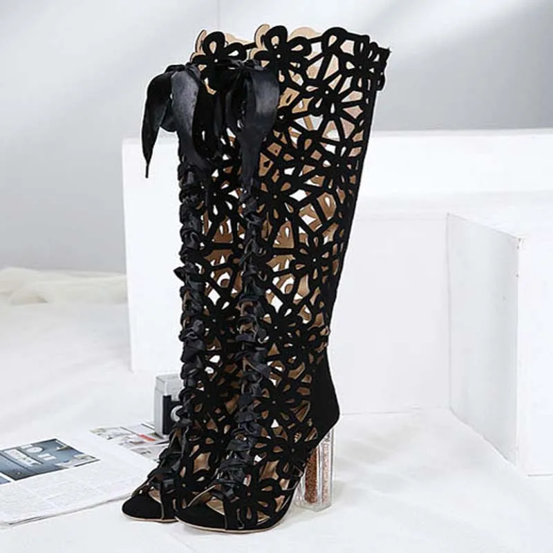

Boots Women Over The Knee Thigh High Open Toe Gladiator Sandals Sexy Party Club Wear Square heel Crystal Shoes 12CM Women Shoes