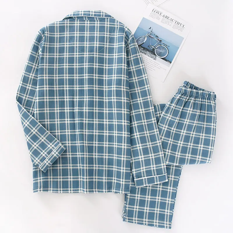 mens pjs sale Spring casual plaid pajama sets men pijama hombre 100% gauze cotton male long sleeve cozy summer pyjamas men men's pajama sets