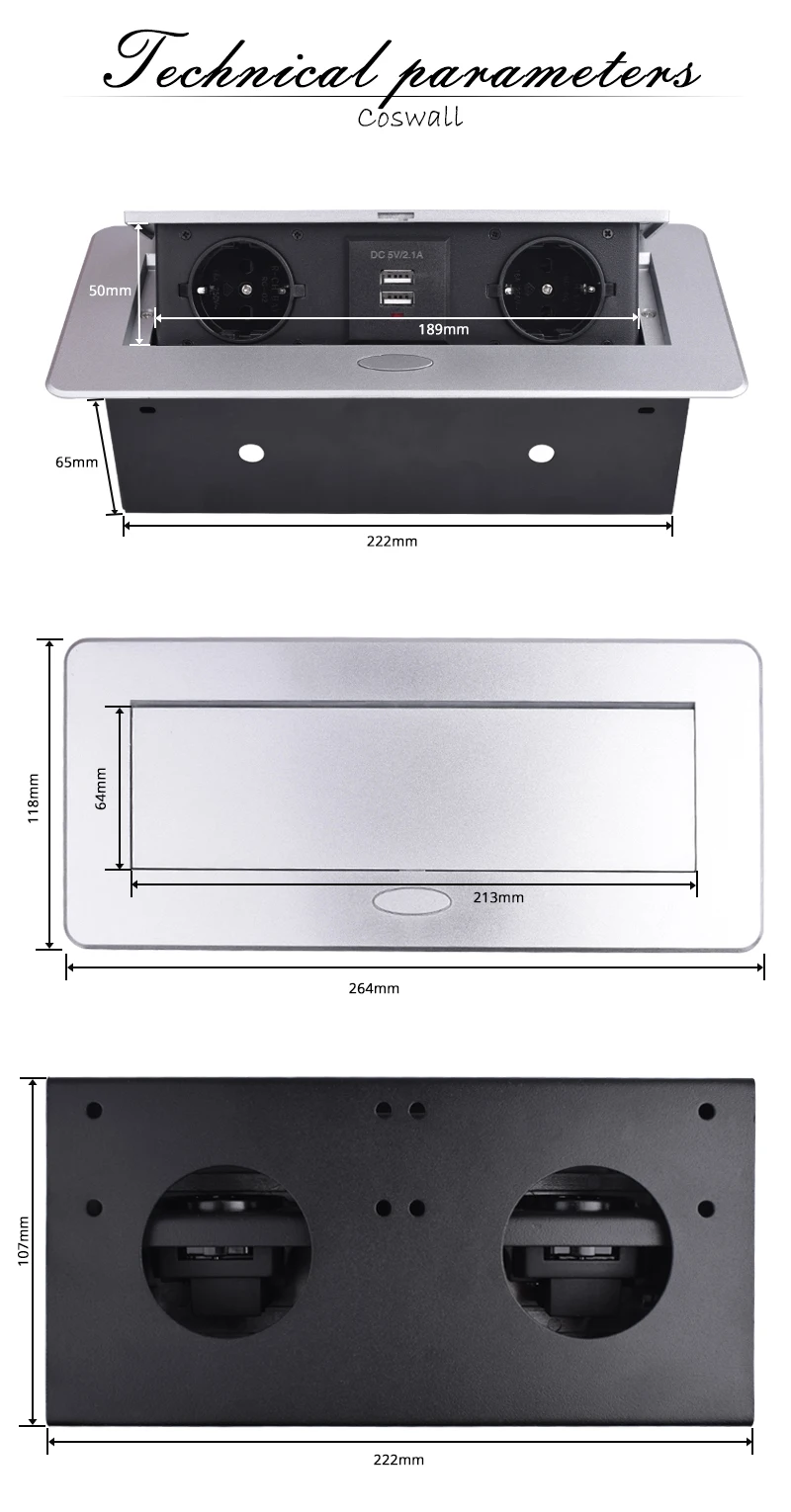 COSWALL, пластина из цинкового сплава 16А, медленное всплывающее устройство, 2 гнезда для ЕС, двойной порт USB для зарядки, 2.1A, офисный стол, настольная розетка, черная стальная коробка