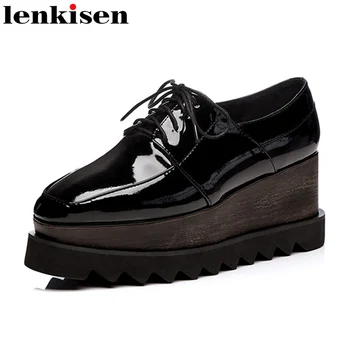 

Lenkisen new superstar round toe lace up black platform brand spring causal shoes wedge high heels preppy style women pumps l1f1