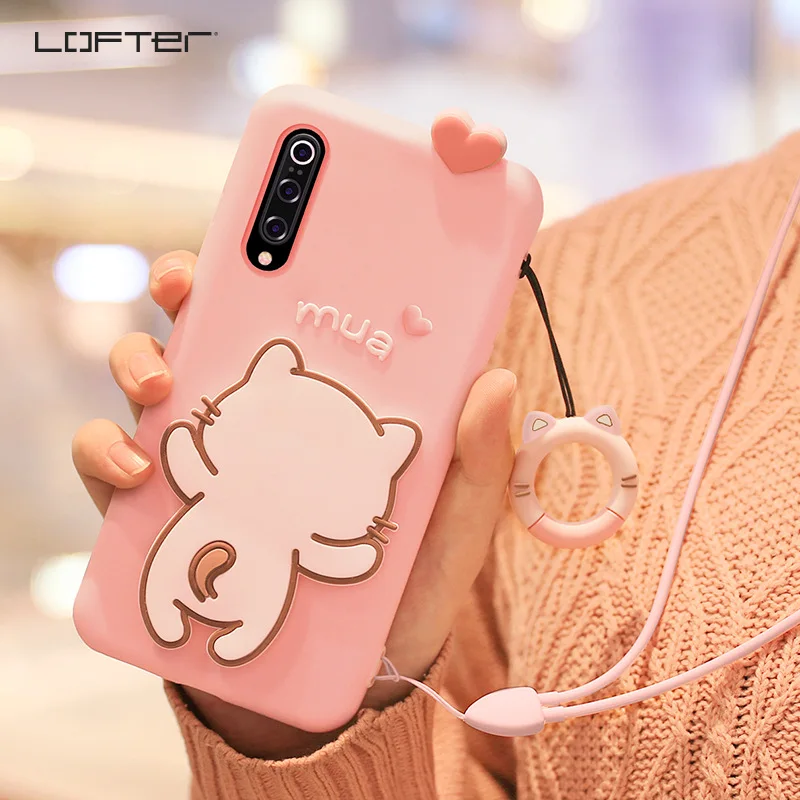 

Cute Cartoon Cat Kickstand Soft Silicone Phone Case For Xiaomi mi 9 For Girls With Ring Strap Shockproof Rubber Back Covers