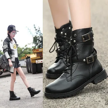 

2019 Fashion New Punk Gothic Style Lace up Belts Round Toe Boots Women Shoes Short Boots Street haulage motor mujer zapatos