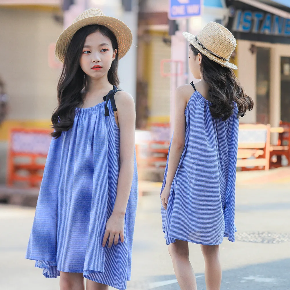 

2019 Summer Girls Lovely Blue Shoulderless Sleeveless Dresses Korean Striped Bow