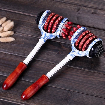

New blue and white porcelain wheel massage hammer knock back beat fitness hammer wood health meridian shot massage stick