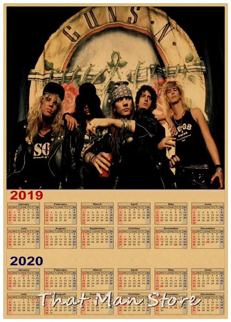 Different Styles Of Rock Band 2019 2020 Kiss Acdc Calendar Poster Vintage Antique Posters Wall Sticker Home Decora Aliexpress