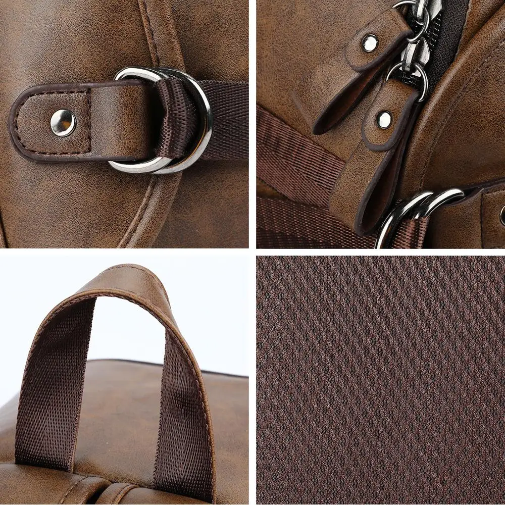 Alena Culian New Men Leather Casual Backpack Bag With Headphone Hole Men's School Backpack External USB Bagpack For Men Travel