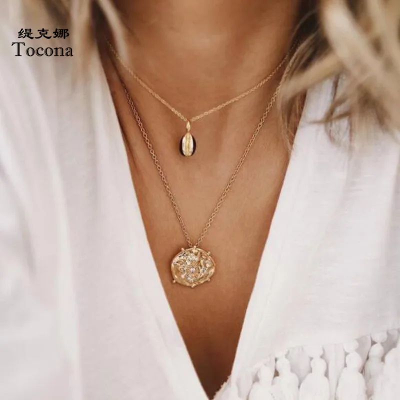 

Tocona New Arrival 2 layers Charming Bohemia Shell Chain Choker Necklace Round Gold Color Pendant for Women Jewelry Wholesale 8