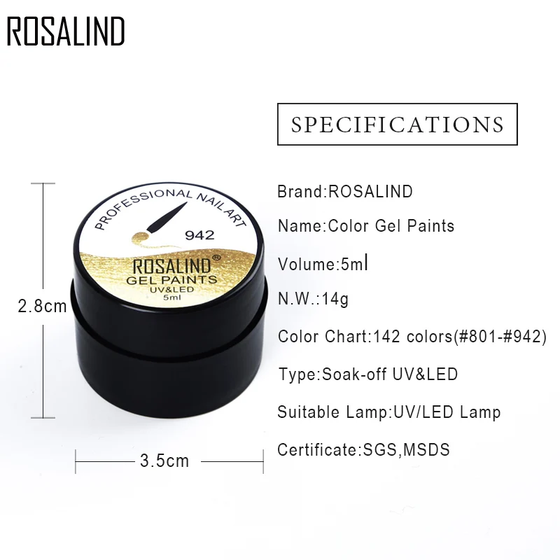 Бренд Rosalind, гель для нанесения краски, косметика, высокое качество, быстросохнущий, стойкий, 5 мл, мерцающий, серебристый, золотой, УФ-гель для ногтей, краска