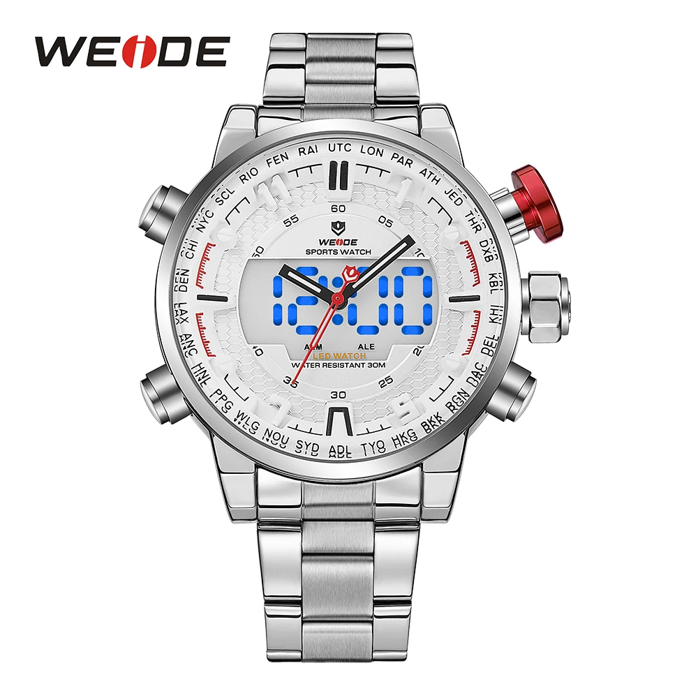 

WEIDE MenS Sports Model Multiple Functions Business Auto Date Week Analog LED Display Alarm Stop Watch Steel Strap Wrist Watch