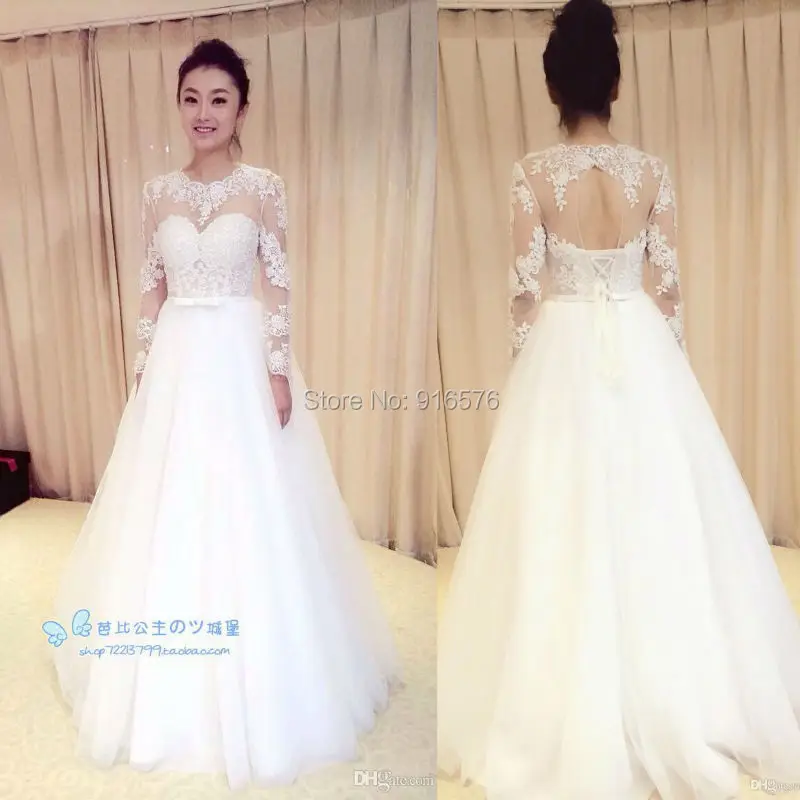 Largo Sleeeve Vestidos De Novia Vestido De Novia De Encaje Transparente De Alta Vestidos De Novia De Cuello Bow Sash Vestido De Novia Vestido De Encaje Completo Longitud Dress Demetrios Dresses Formal Gownsgown Dress