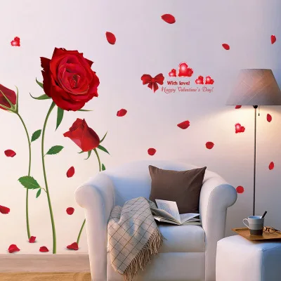 

Romantic Red Rose Wedding Room Bedroom Decoration Vinyl Wall Stickers 3D Flower Wall Decal Love Home Decor Poser Door Sticker