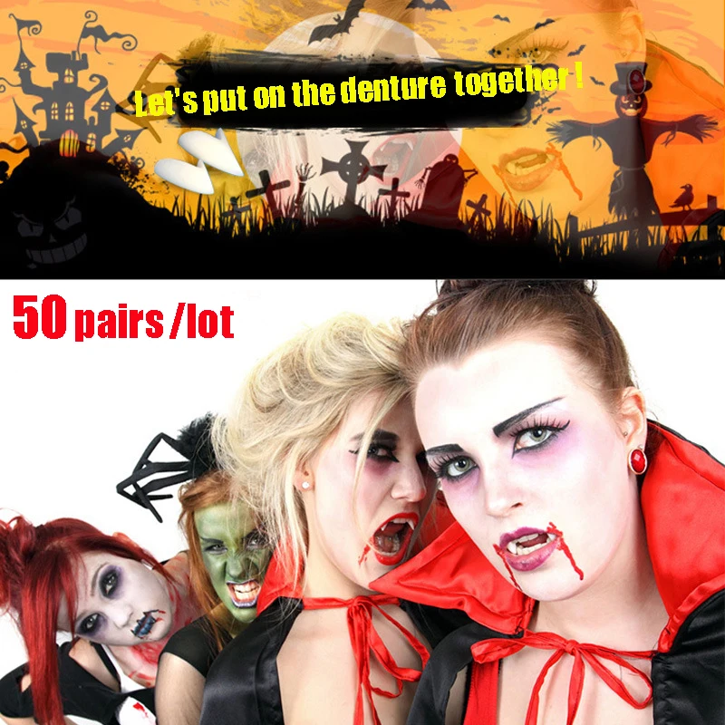 

50pairs/lot Halloween Party Costume Prop Decoration Vampire Dentures Fangs Tooth Horror False Teeth Size 13/15/17/19mm with Case