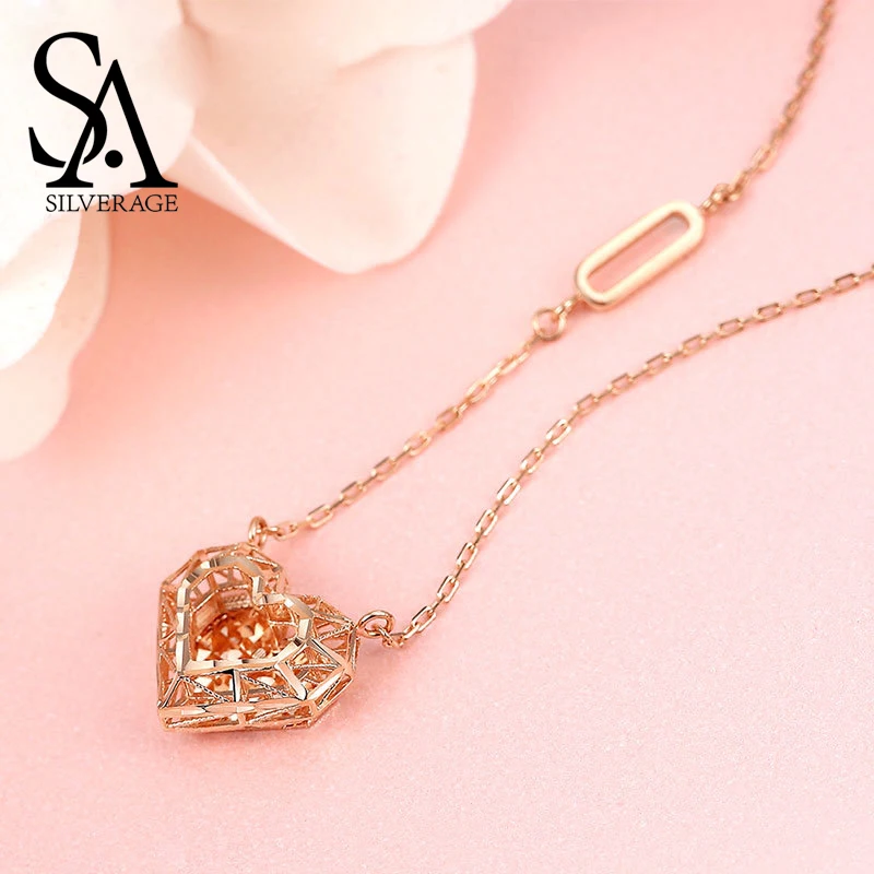 SA SILVERAGE 2021 Chain Letter Love Necklaces Real Rose Gold Jewelry Heart Love Pendant Necklaces 18K Rose Gold Woman