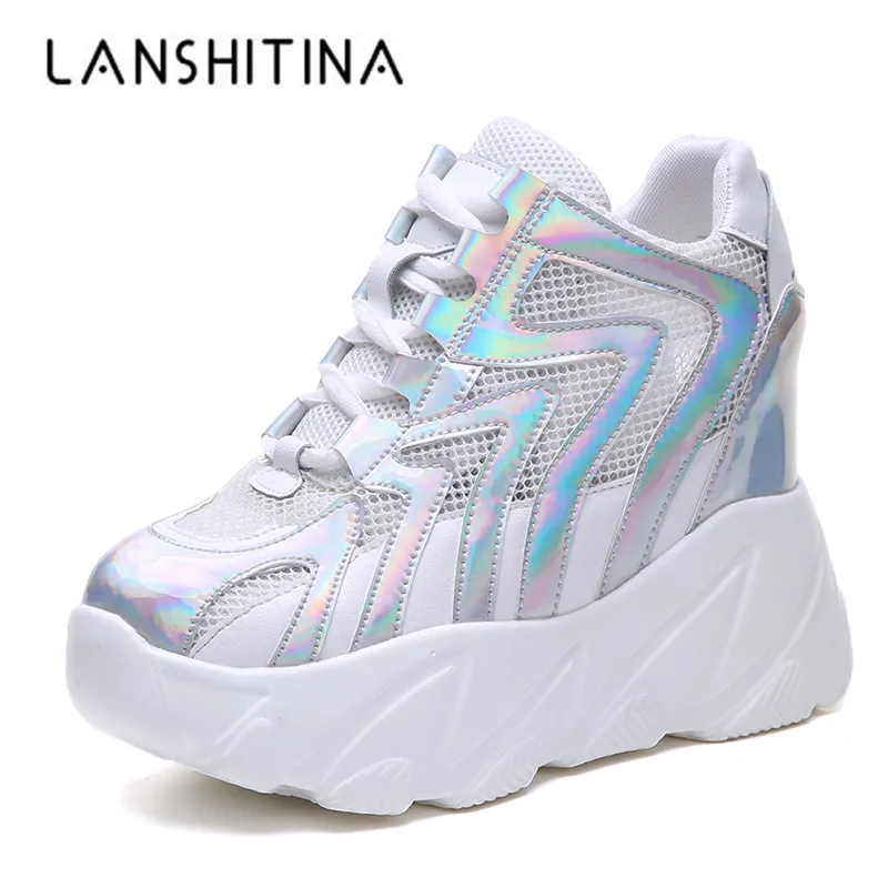 

Women High Platform Shoes 2019 Summer Breathable Mesh Shoes Women Height Increasing Pumps 10 CM Thick Sole Trainers White Shoes