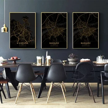 

SPAIN Badajoz Barcelona Girona City Map Gold Map Canvas Art Print Wall Pictures for Living Room No Frame