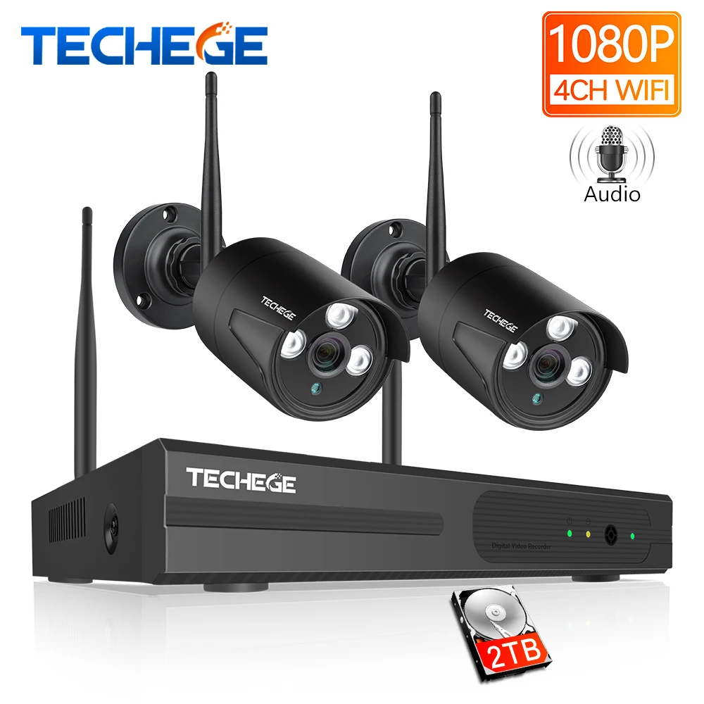 Techege 4CH wifi система видеонаблюдения Беспроводной NVR комплект 2 шт. 1080P HD IP камера 2MP наружная Водонепроницаемая домашняя система видеонаблюдения