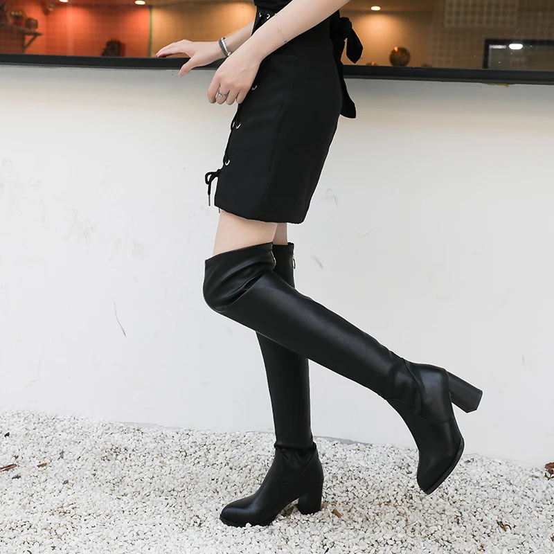 

2019 New Arrivals Soft Elasticity Leather Boots Women Comfortable Over-the-Knee Heels Boots for Ladies Autumn Winter Women Shoes