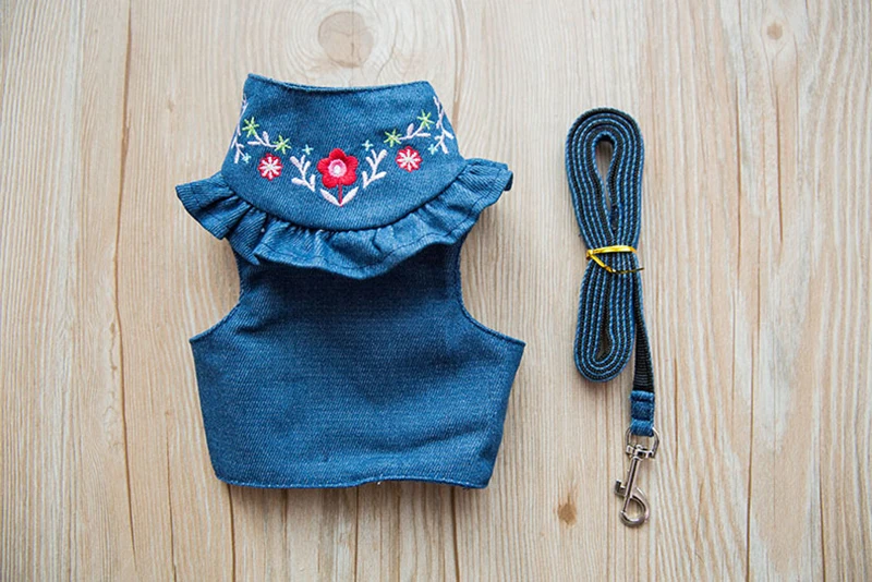 Embroidery Jean Dog Harness Vest Pet Puppy Vest Leash Walking Traction Rope Denim Adjustable Chest Strap Small Dog Accessories