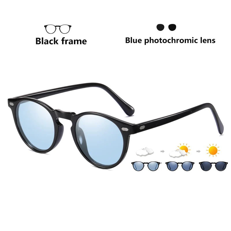 Брендовые дизайнерские круглые фотохромные солнцезащитные очки для женщин и мужчин TR90 дужки поляризованный объектив устойчивый к УФ солнцезащитные очки Хамелеон женские очки - Цвет линз: Black-Blue