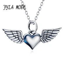 FYLA MODE 925 Sterling Silver Angel Wings Love Heart Necklaces & Pendants Silver Chain Necklace Women Fine Jewelry