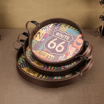 

Retro Leather Storage Tray Creative Round Livingroom Desktop Fruit Tea Cup Plate Multifunction Jewelry Necklace Decorative Trays