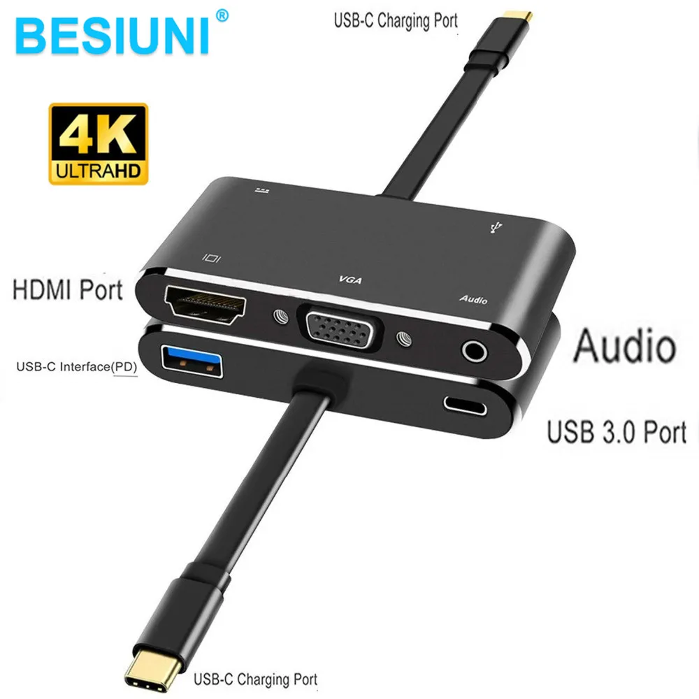 

Oraginal Besiuni 5 in 1 USB C to HDMI Adapter 4K Type-C to HDMI/VGA/Audio/USB 3.0 Port PD