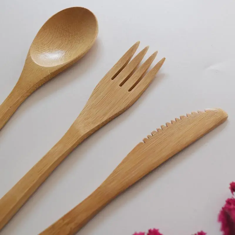 3 шт. экологически чистые наборы посуды в японском стиле бамбуковое столовое приборы набор деревянная цветная посуда нож вилка ложка пакет с тканевым мешком