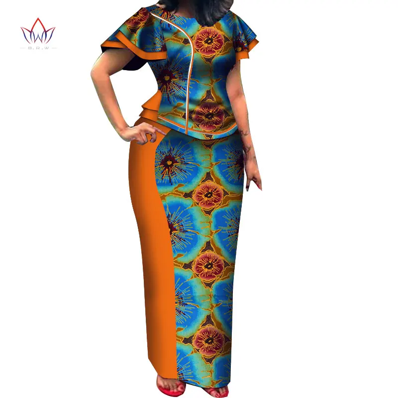 Осенняя Женская одежда в африканском стиле, комплект из топа и юбки, с круглым вырезом, Bazin Riche, короткий рукав, размера плюс, вечернее платье, Naturl 5xl WY3712