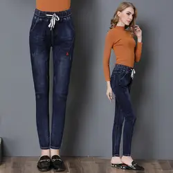 Для женщин джинсы брюки для девочек 2018 Новый Высокая талия джинсы свободные талии Тонкий стрейч ноги штаны карандаш потертые джинсы
