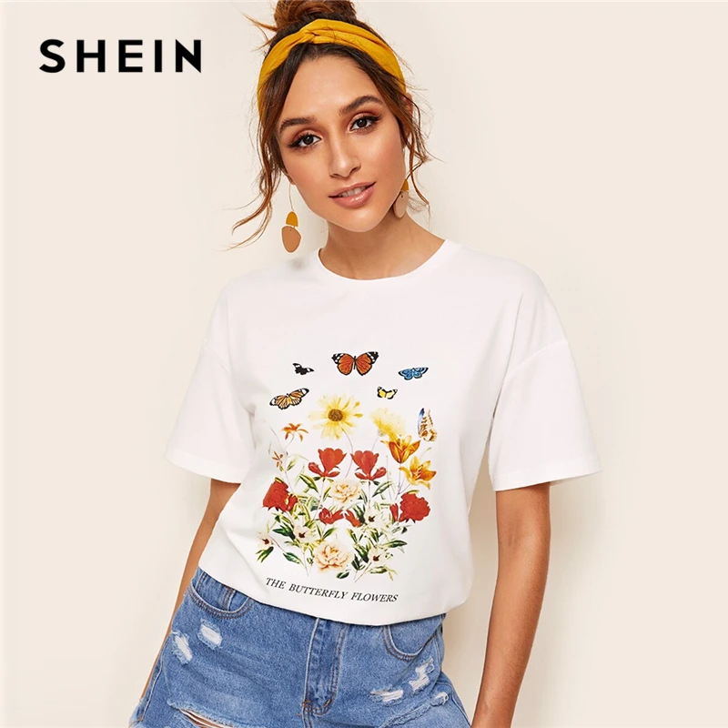 

SHEIN Drop Shoulder Floral Slogan Animal Tee Women Clothing 2019 Casual White Short Sleeve Solid Tshirt Stretchy Summer Tops