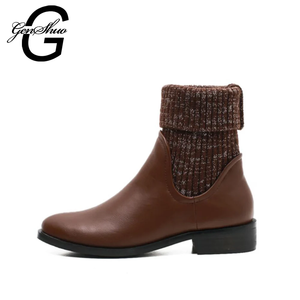 

GENSHUO Ankle Boots Women's Winter Boots Short Plush Turned Over Socks Winter Shoes Ankle Boots For Women Woman High Heels Black