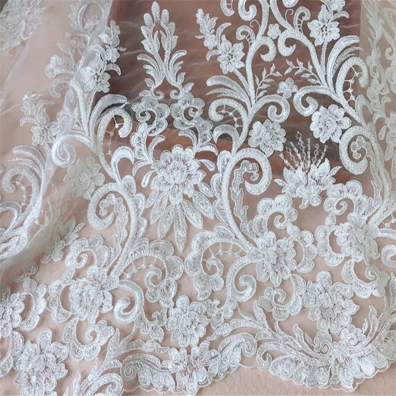 

Gorgeous Ivory white Embroidered Lace Ivory Heavy Beaded alencon Lace Fabric for Wedding Bridal Gowns Garments 0.5M