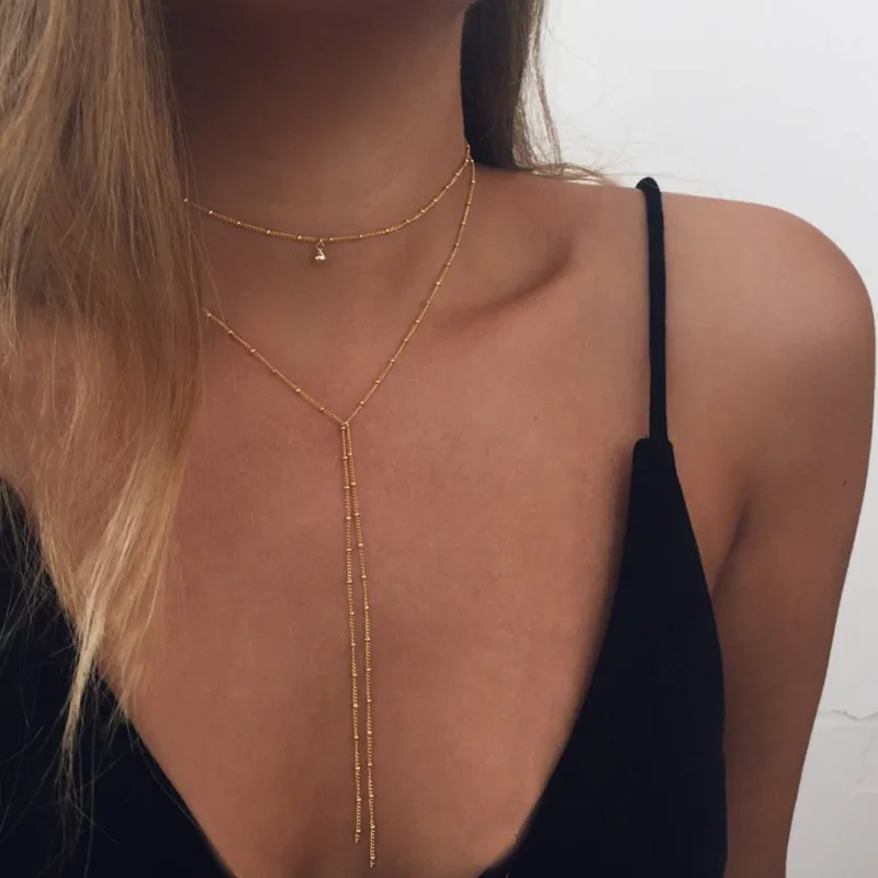 

2019 Simple Gold Silver Color Bell Chain Choker Necklace Long Beads Tassel Chocker Necklaces For Women collar collier ras du cou