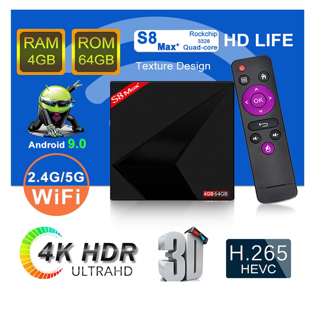 

S8 MAX+ plus 4GB RAM 64GB ROM 4K Smart Android 9.0 TV BOX RK3328 Penta-Core 2.4G/5G Dual Wifi HD stb Media Player set-top box