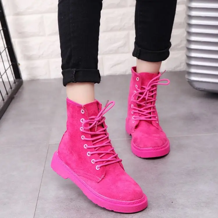 

Runway Designers Rose Red Light Brown Black Suede Martin Boots Round Toe Cross Tied Lace Up Zapatos De Mujer Chunky Heels Shoes