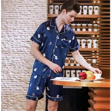 Мужской комплект с принтом, атласная пижама, шелковая пижама с коротким рукавом, Мужская Весенняя и летняя Европейская Домашняя одежда, мягкая темно-синяя