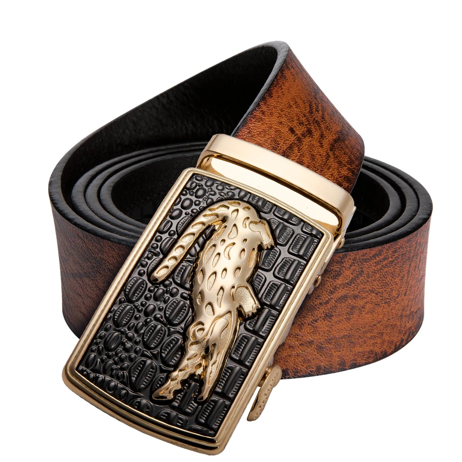 Hi Tie Luxury Leather Automatic Gold Belt Men Brown Blue Black Cowhide Real Leather Crocodile ...