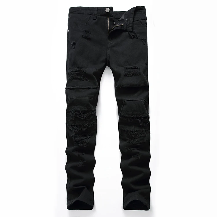 Aolamegs Men Jeans Hole Pants Full Length Black Dark Summer Cut Broken Explosion Section Stretch Denim Straight Fashion Relaxing (12)