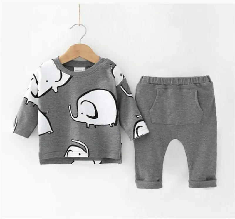 Комплект одежды С Рисунком Слона для маленьких мальчиков от 0 до 12 месяцев, осенние детские толстовки с капюшоном и штаны комплект из 2 предметов, хлопковая теплая детская одежда для вечеринки