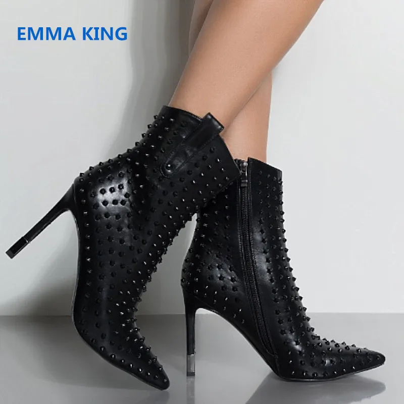 

New Spring Rivets Studded High Heels Ankle Boots Metal Stiletto Heel Pointed Toe Martin Boots Leather Side Zipper Sexy Booties