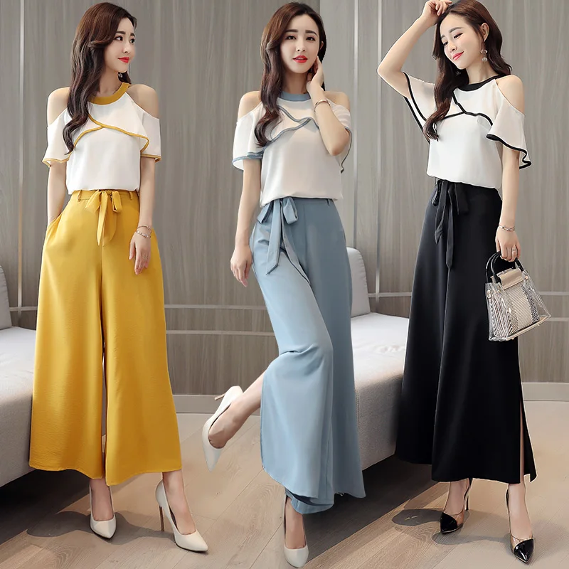 

2018 Women Summer elegant chiffon tops + wide leg pants trousers two piece set Female lady beach Suits