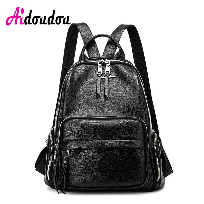 

AIDOUDOU BRAND Earphone Hole Backpack 2018 Woman Great Bag Korean Black Spilt Leather Design It Bag Backpack For Girls Sac A Dos